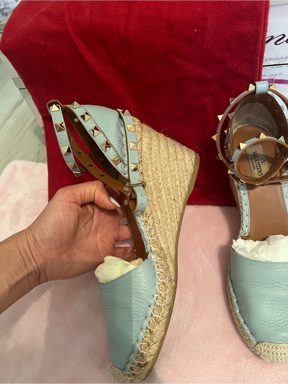 Valentino Light Blue Leather Rockstud Espadrille Wedge Sandals